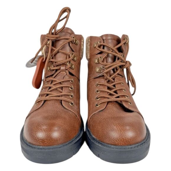 MIA Marsha Lug Hiking Boots Brown Vegan Leather Lace Up Textile Cuff 9 - Picture 4 of 10